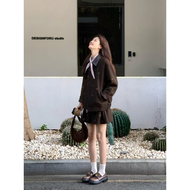 MARIE.COCO秋冬新款美拉德拼接款长袖夹克外套内搭衬衫刺绣半身裙