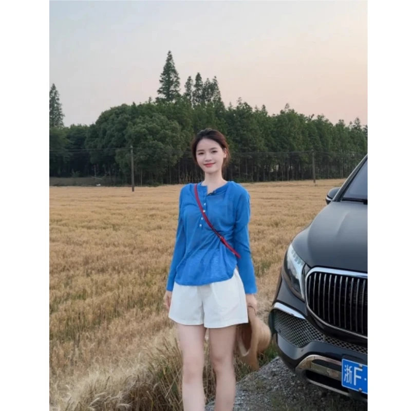 克莱因蓝亚麻长袖防晒t恤罩衫女夏季吊带外搭轻薄冰丝空调衫上衣