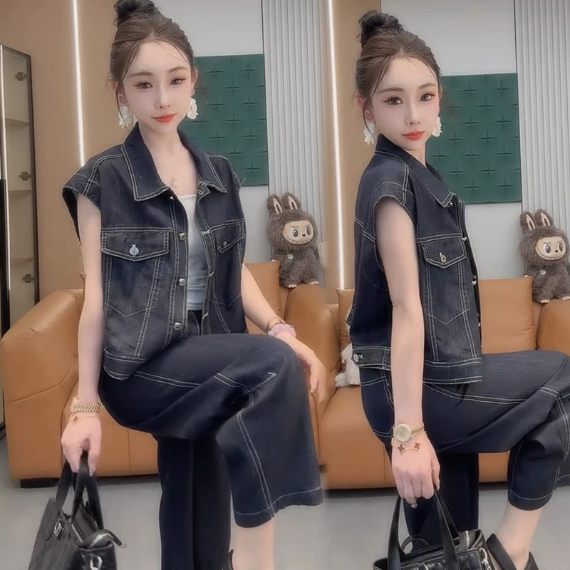 2025春夏季新款时尚显瘦气质网红高档女宽松大码牛仔短袖两件套潮
