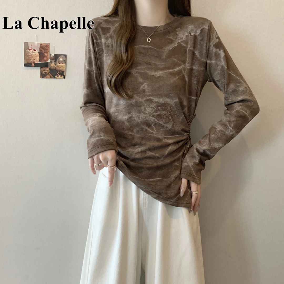 拉夏贝尔美式扎染长袖T恤女秋季大码微胖mm不规则抽绳打底衫上衣