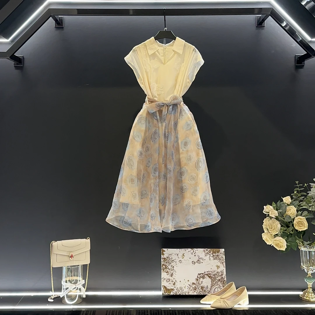 夏季设计师气质V领显瘦刺绣收腰连衣裙L-A807