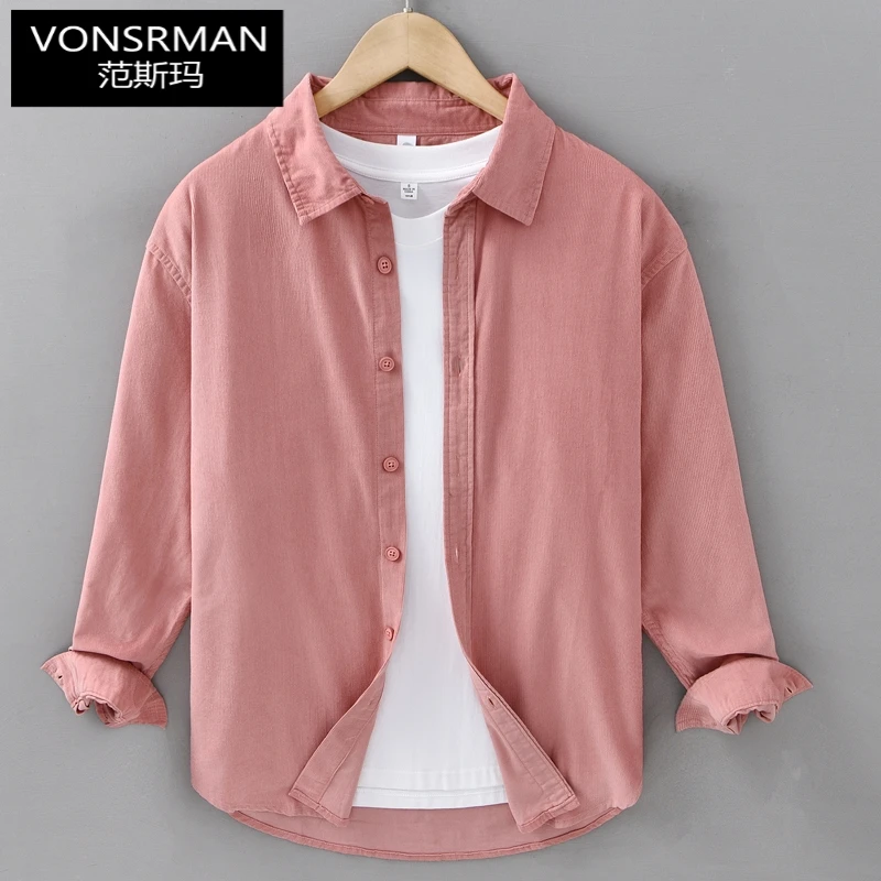 日系复古纯色条绒衬衫男装春秋季长袖休闲衬衣灯芯绒上衣寸衫