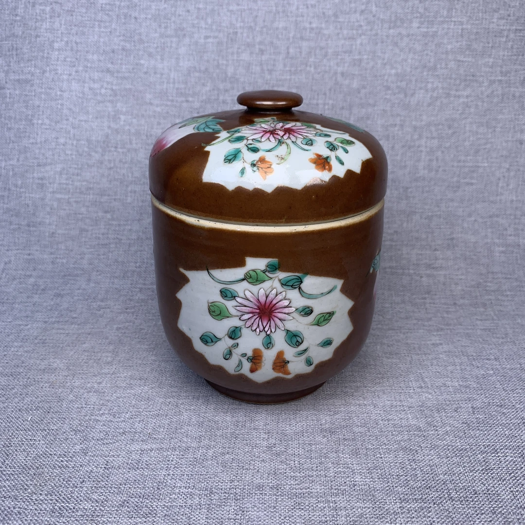清代粉彩花卉盖罐古瓷器真品国营镇江市文物商店库出5128353