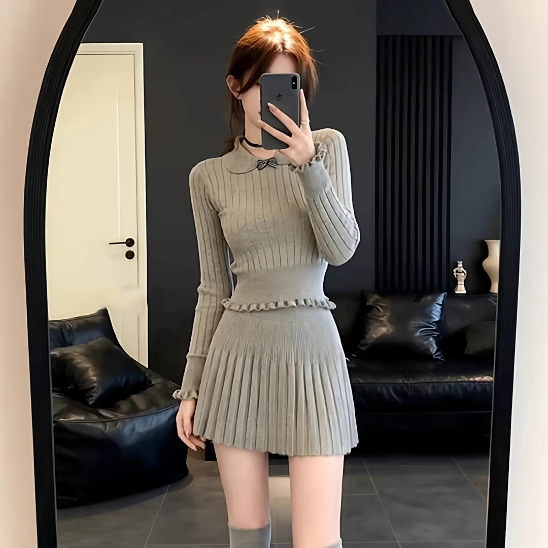 学院风针织上衣女早冬季翻领长袖短款刺绣毛衣高阔小香裙裤两件套