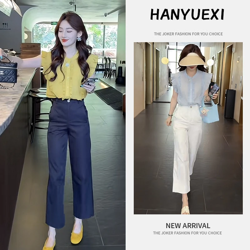 【现货】夏季时尚一整套女装2025年新款小飞袖上衣高腰休闲裤两件套