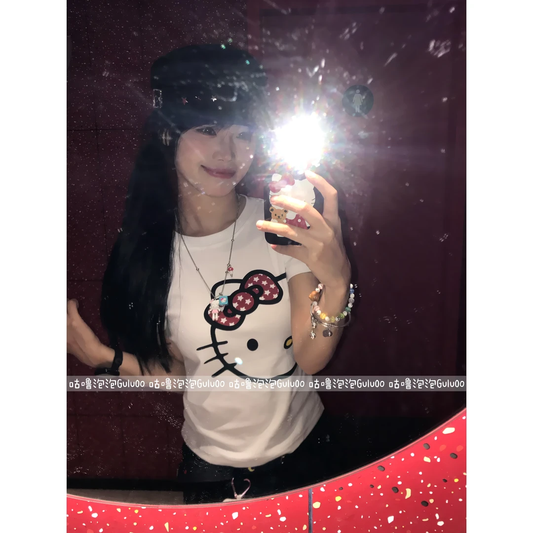 【咕噜泡泡】夏季新款圆领正肩半只kt印花短袖T恤修身显瘦美式上衣