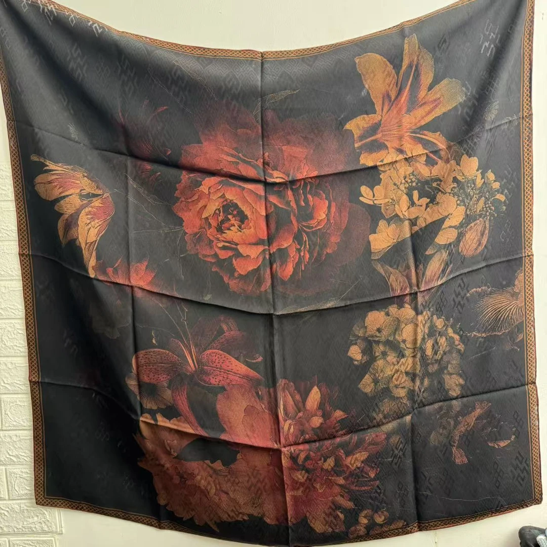 丝纡--花色满园 全织四经绞罗香云纱蚕丝105*105围巾披肩