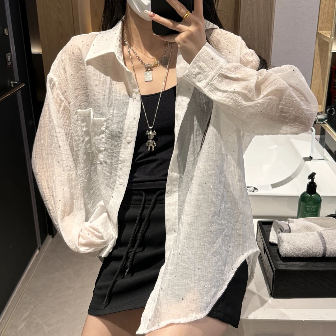【年中大促】夏季新款纯色烫钻显瘦时尚气质透气衬衣宽松设计感衬衫