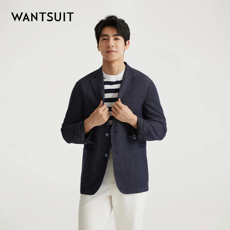 WANTSUIT春夏深蓝色肌理感牛仔休闲单西上衣外套J7500DX114D1