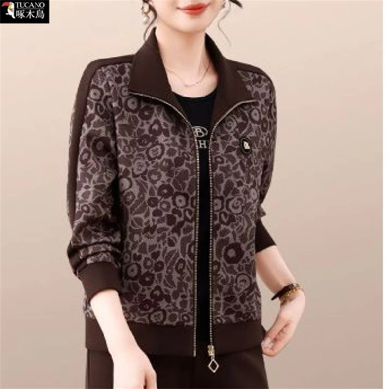 啄木鸟正品爆款印花洋气减龄上衣拼接撞色秋冬厚款立领长袖外套女