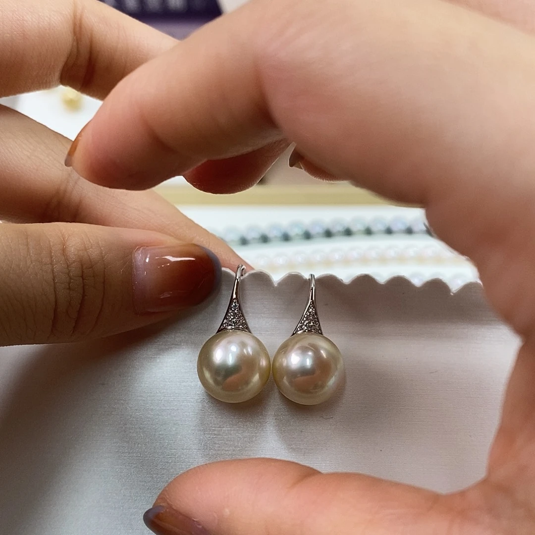 海水珍珠耳饰银S925镶嵌12m南洋金珠耳环（干枯玫瑰）