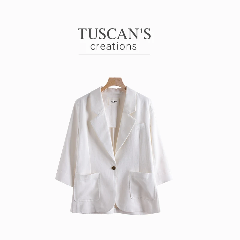TUSCAN'S CREATIONS新款轻职风宽松白色七分袖V领小西装双鱼女装