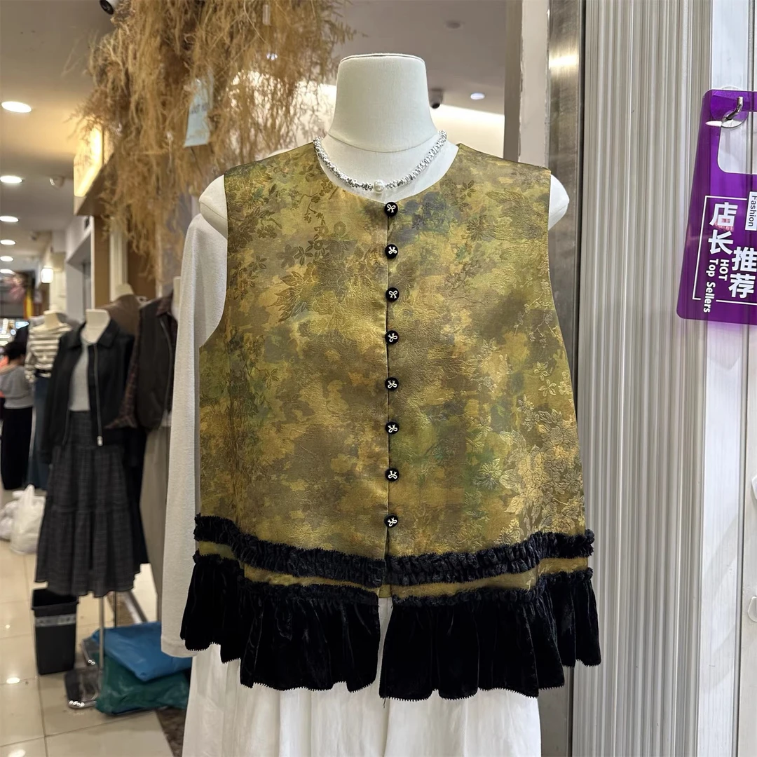 印花网红提花百搭圆领马夹拼接半开领唐装马甲秋季