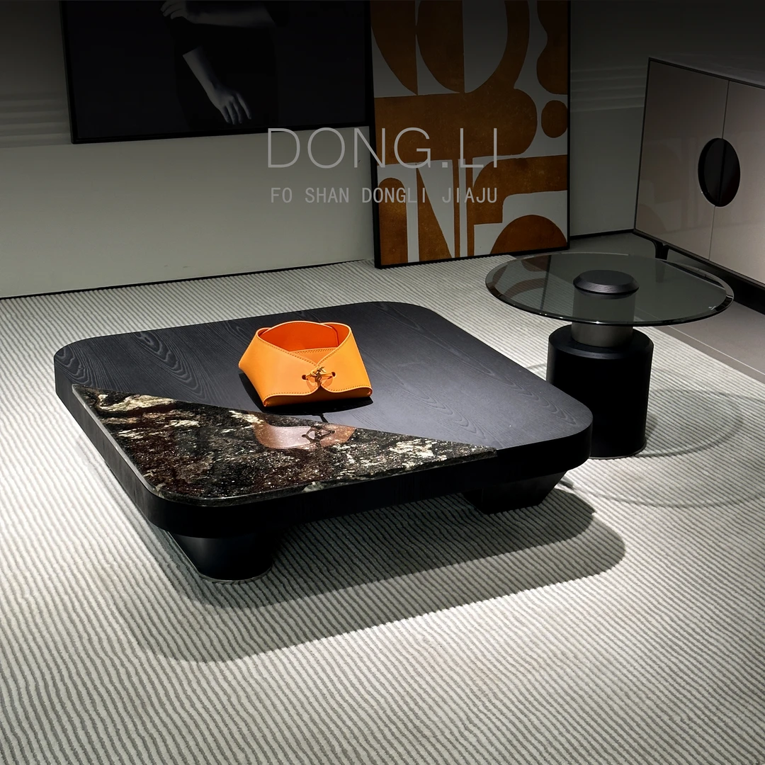【半闲云台茶几】意式极简方形组合天然大理石奢石客厅木质茶几家用