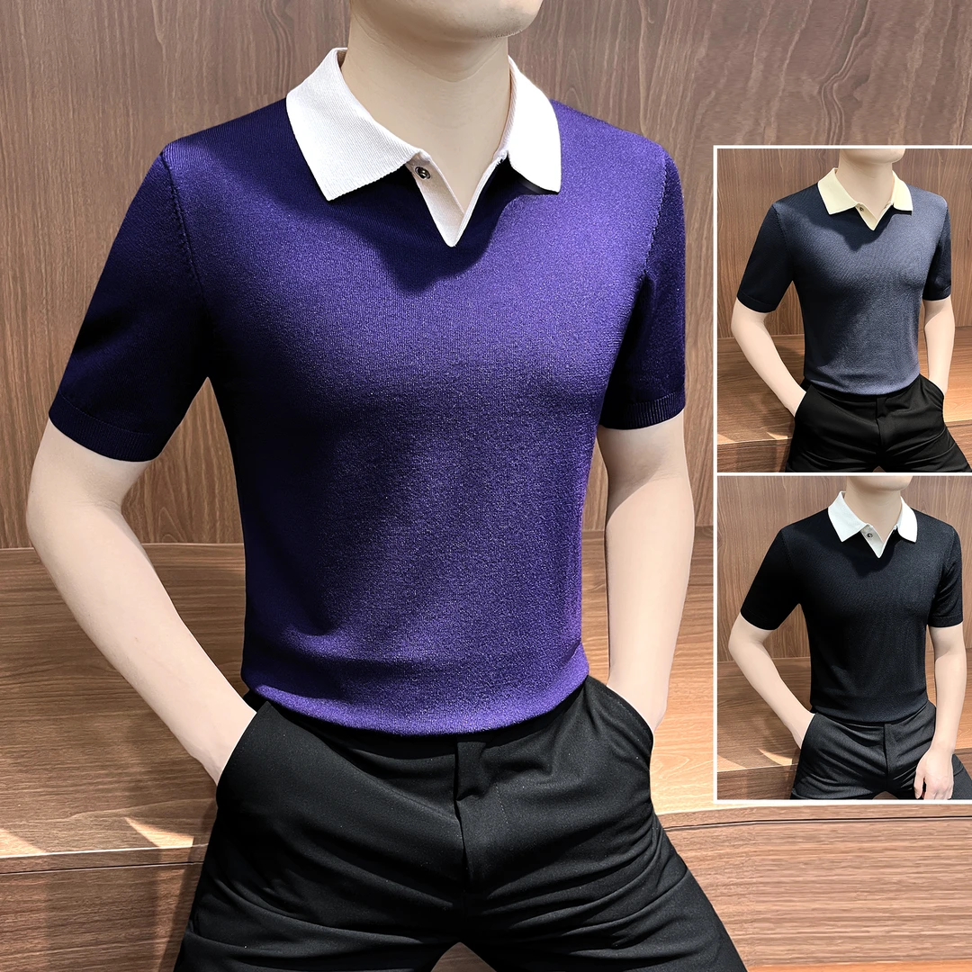 针织男款polo衫秋季爆款2025新款高级感男装翻领纯色男士短袖t恤