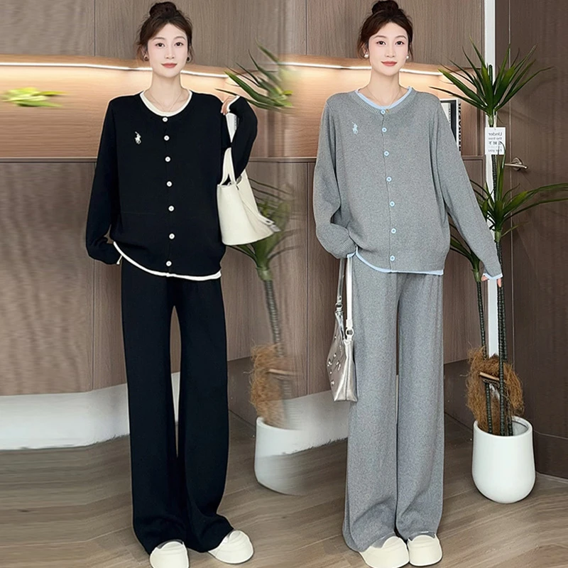 2025春秋孕妇装新款时尚设计感刺绣撞色圆领假两件上衣阔腿裤套装