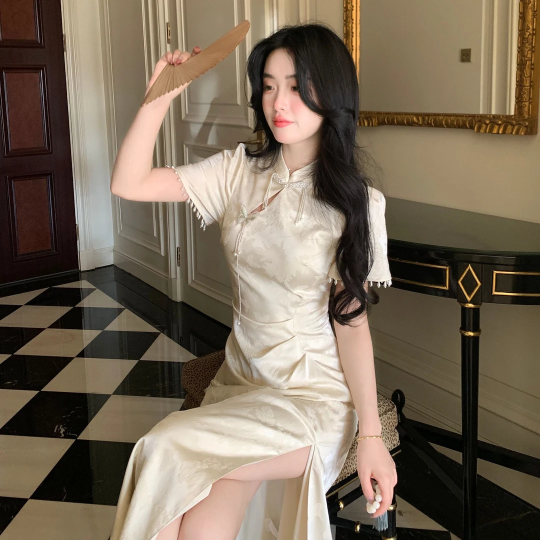 Blovelan浅云霜韵 新中式国风改良旗袍斜襟高开衩提花连衣裙