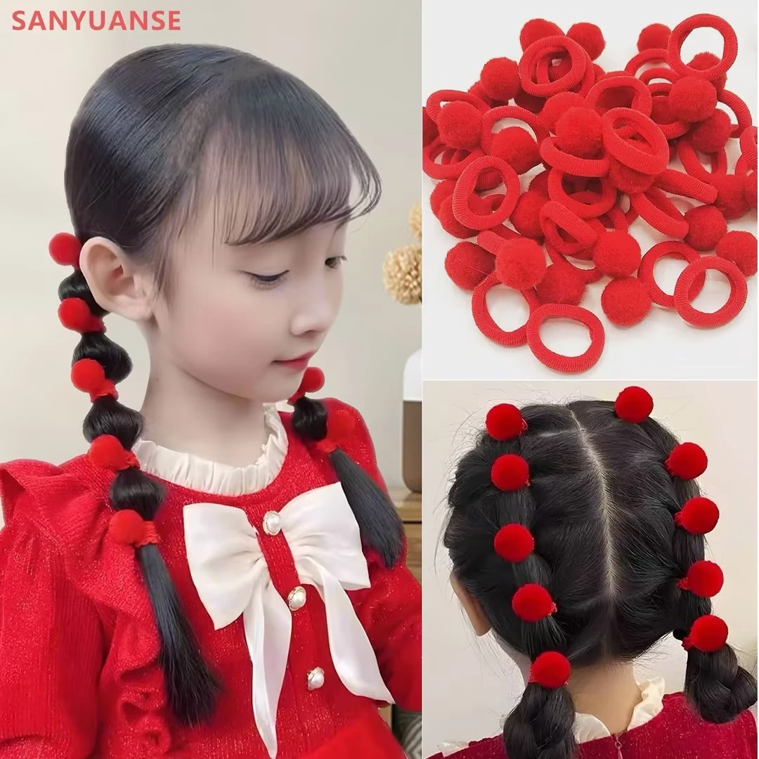 儿童新年红色高弹毛球皮筋女童拜年喜庆扎头发拇指发圈盘发器