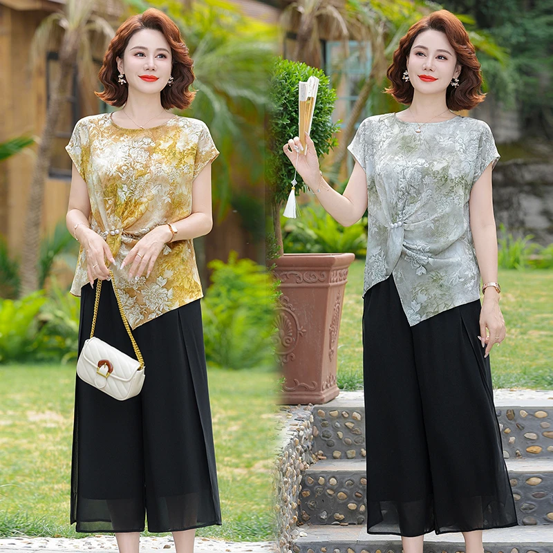 中年妈妈夏装短袖套装2025新款中老年女装夏季雪纺小衫上衣两件套