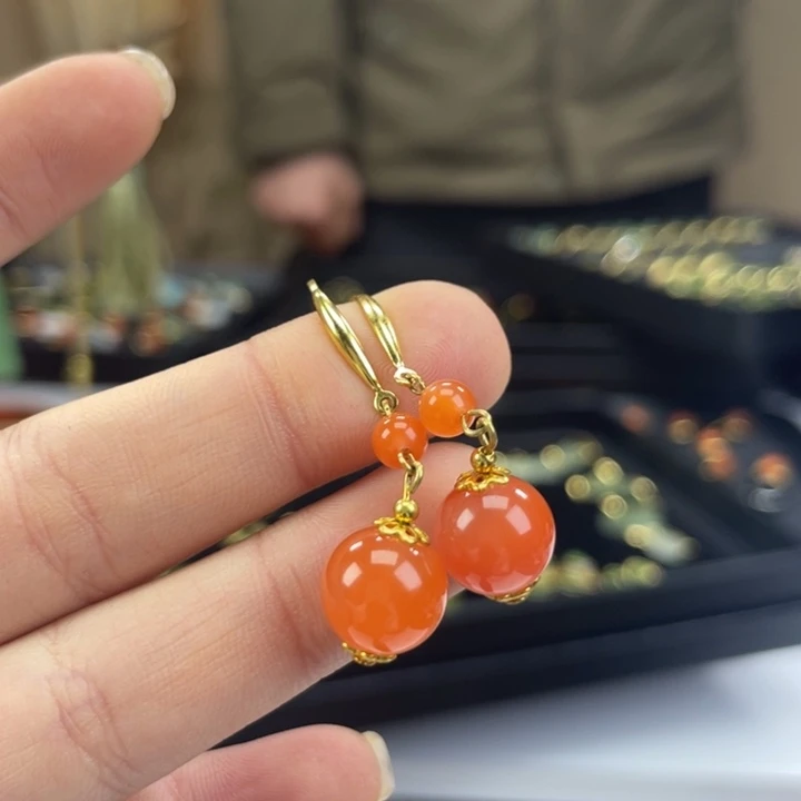 南红玛瑙银S925镶嵌耳饰