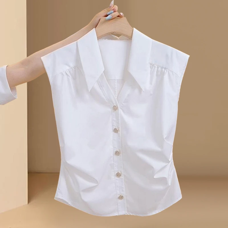 无袖V领白色衬衫背心女2025年夏季新款时尚收腰显瘦简约百搭上衣