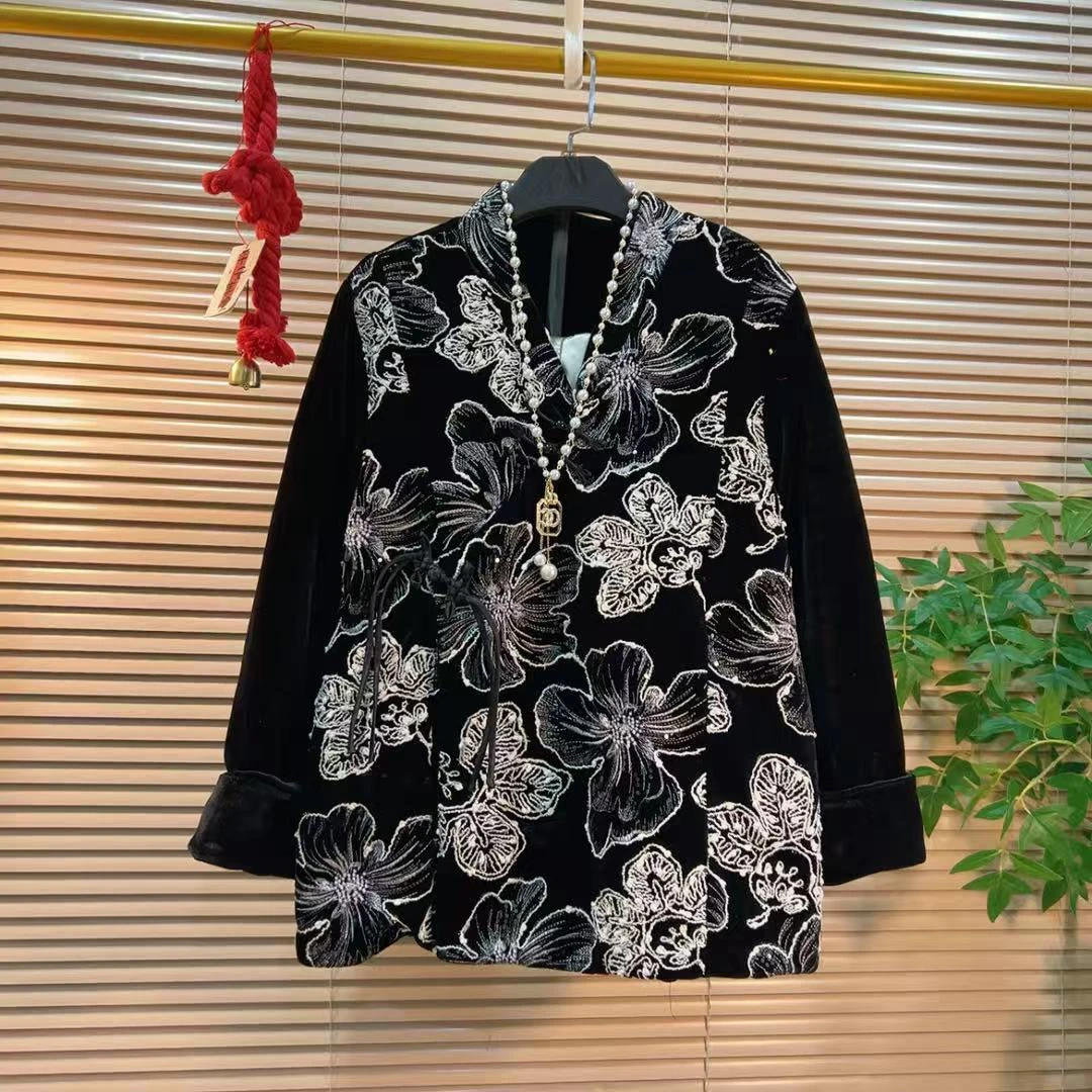 胖YY2025冬季新款新中式国风上衣复古静奢斜襟刺绣亮片加棉外套