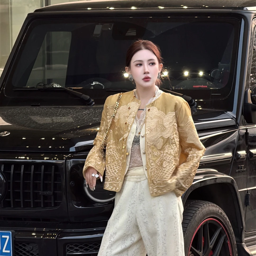 G. yantong/郭彦彤真丝高级感重工刺绣外套高贵优雅气质WT1036