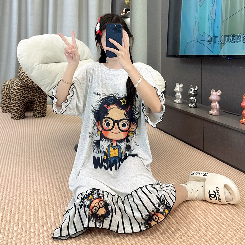 2025年夏季新款休闲亲肤圆领睡裙宽松睡衣女家居服