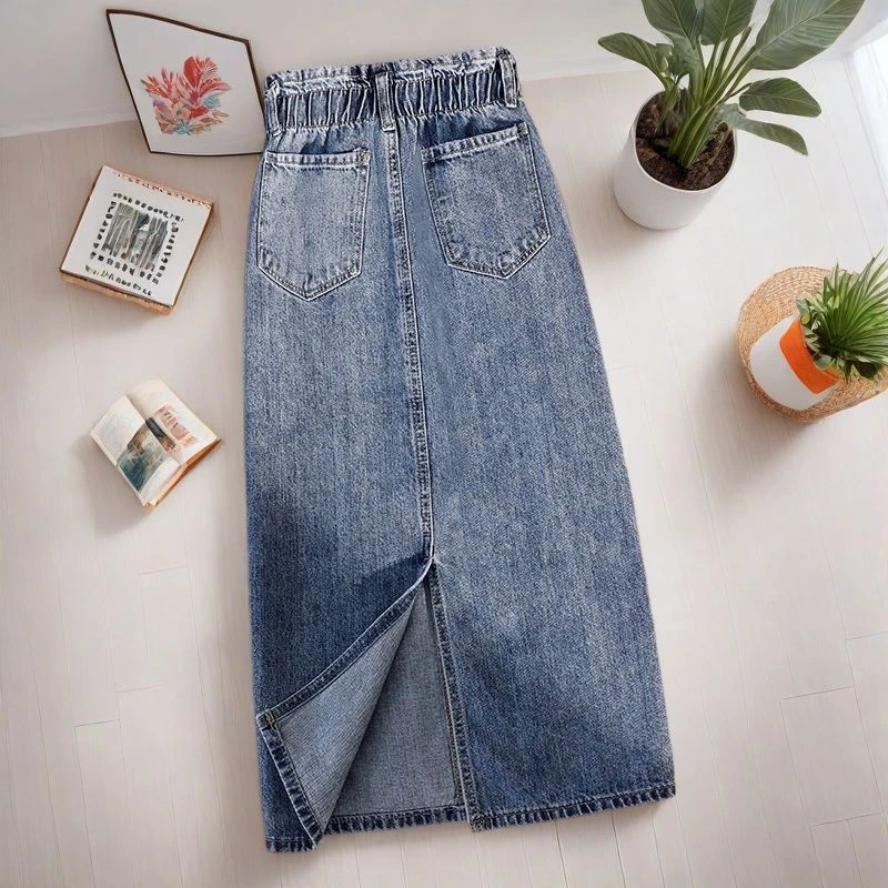 胖mm高腰开叉牛仔半身裙女A字春夏大码松紧过膝宽松包臀中长裙潮