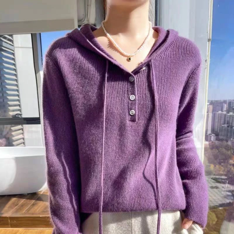 加厚帽衫100%羊毛衫长袖套头毛衣女内搭羊毛纯色纽扣织打底帽衫