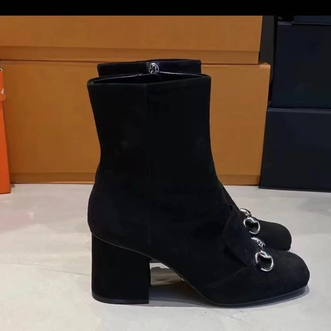 未使用 GUCCI/古驰 黑色绒面马衔扣靴子34.5