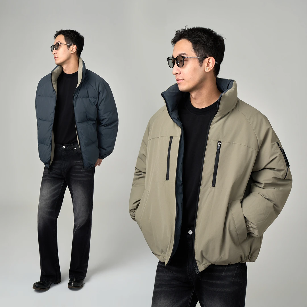 NTS冬季潮牌90白鸭绒双面穿立领羽绒服男复古保暖面包服羽绒外套