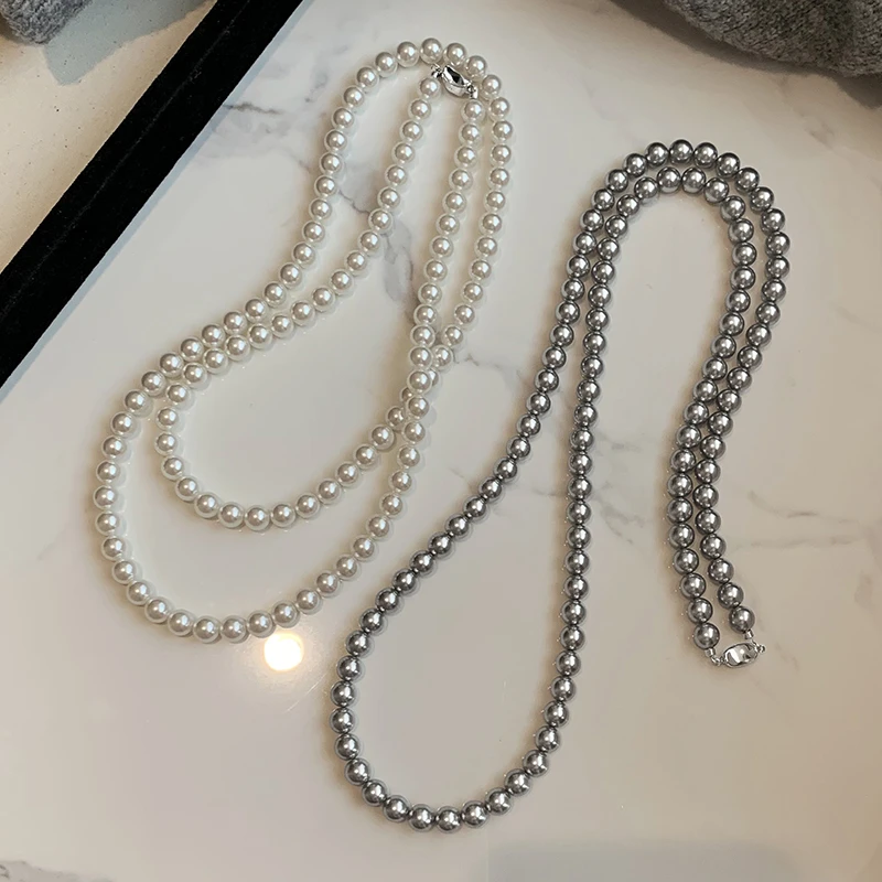 DICD 铜合金仿珍珠项链 长款澳白串珠毛衣链女双层叠戴锁骨链1406