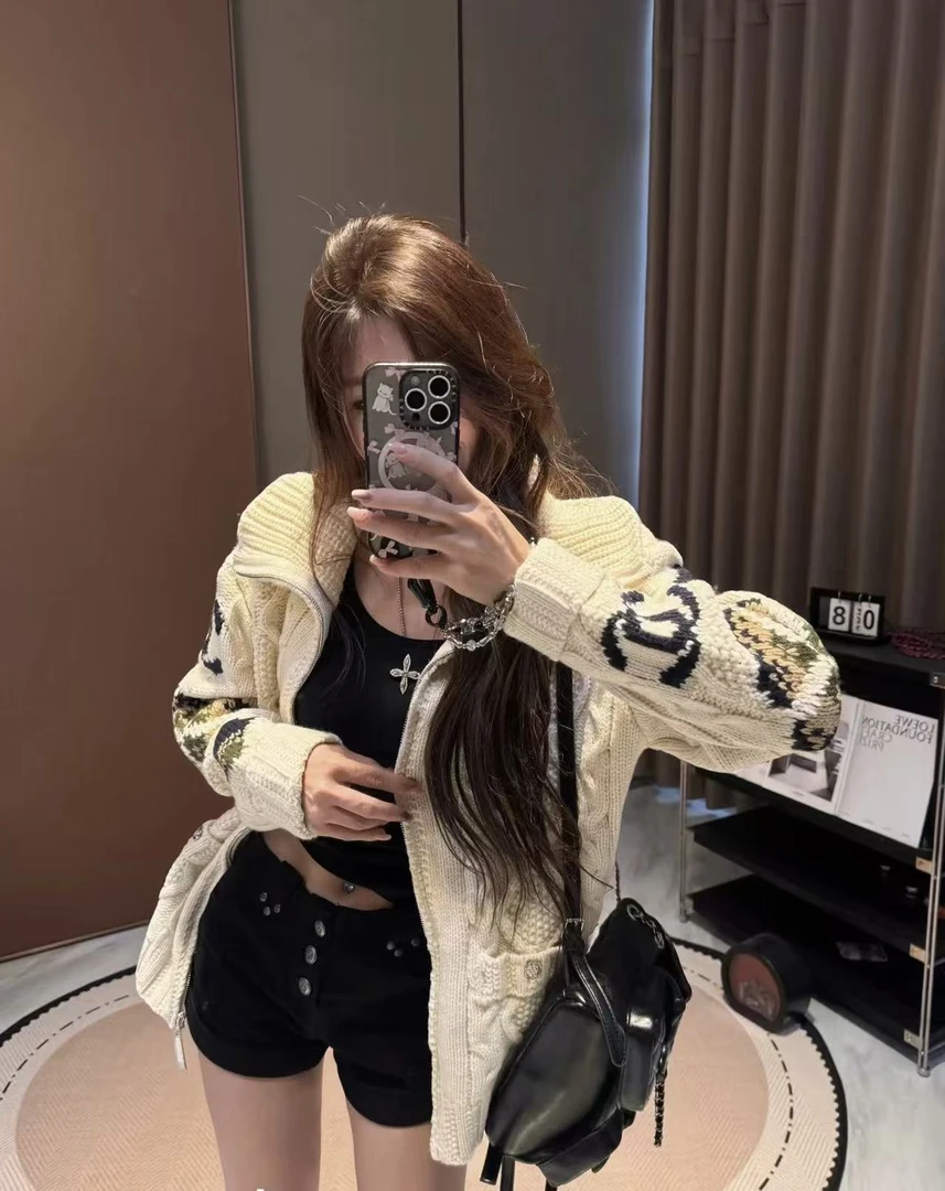 2025秋冬双拉链翻领麻花毛衣开衫外套女提花复古文艺风针织开衫