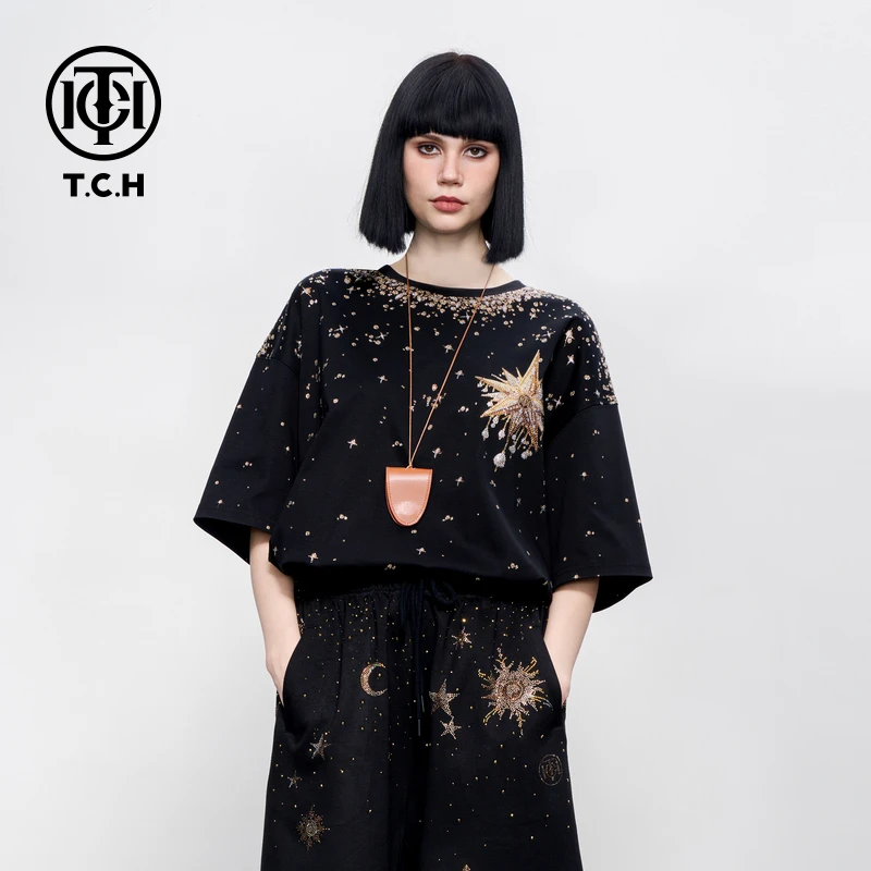 TCH服饰烫钻大翅膀潮流宽松圆领短袖情侣款T恤T75A106012