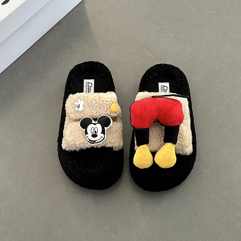 可爱卡通老鼠拼色一字毛毛拖鞋女2025秋冬新款外穿居家棉拖鞋女鞋