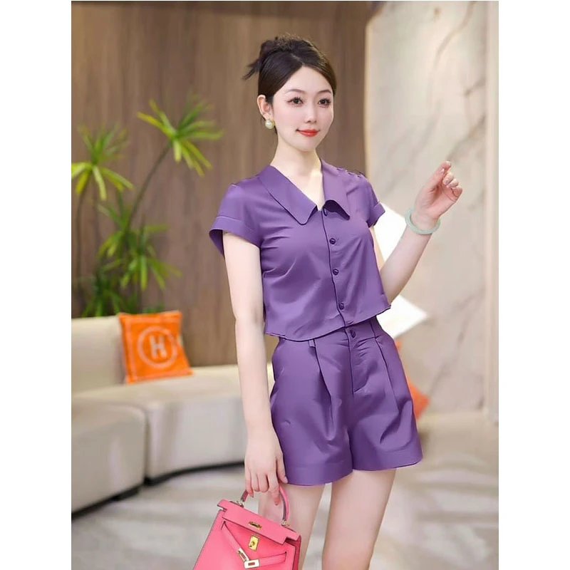紫色时尚休闲套装女2025年夏季翻领薄款短袖衬衫短裤减龄两件套