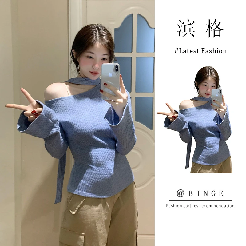 设计感斜肩飘带针织衫女2025春季简约百搭修身显瘦慵懒风露肩上衣