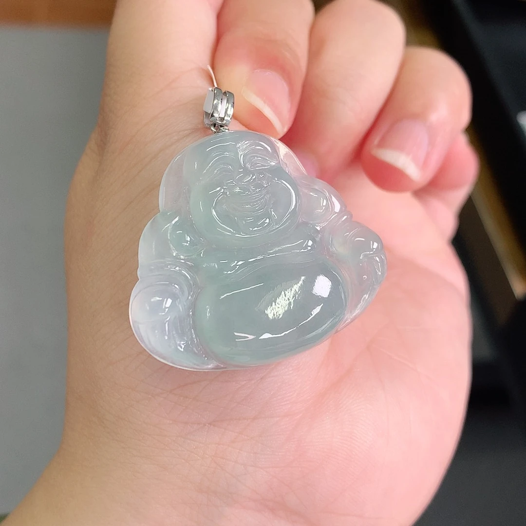 翡翠18K金镶嵌颈饰冰蓝大佛公33-38-6如