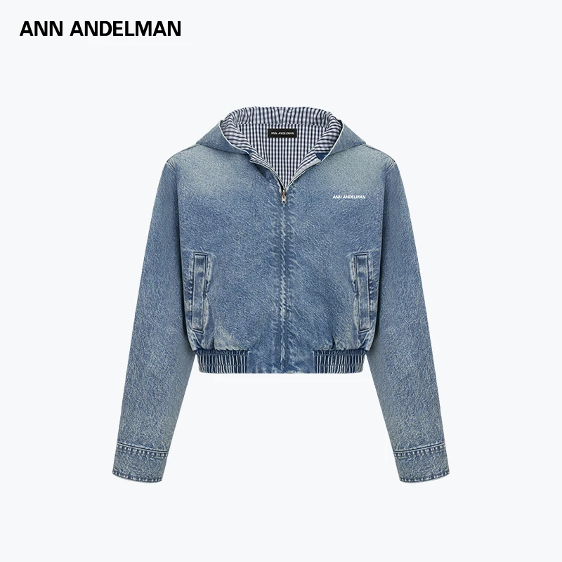 ANN ANDELMAN 时尚设计短款连帽双面穿牛仔夹克