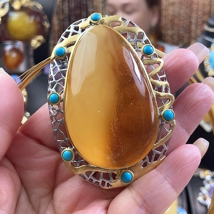 琥珀银S925镶嵌颈饰吊坠胸针两用款