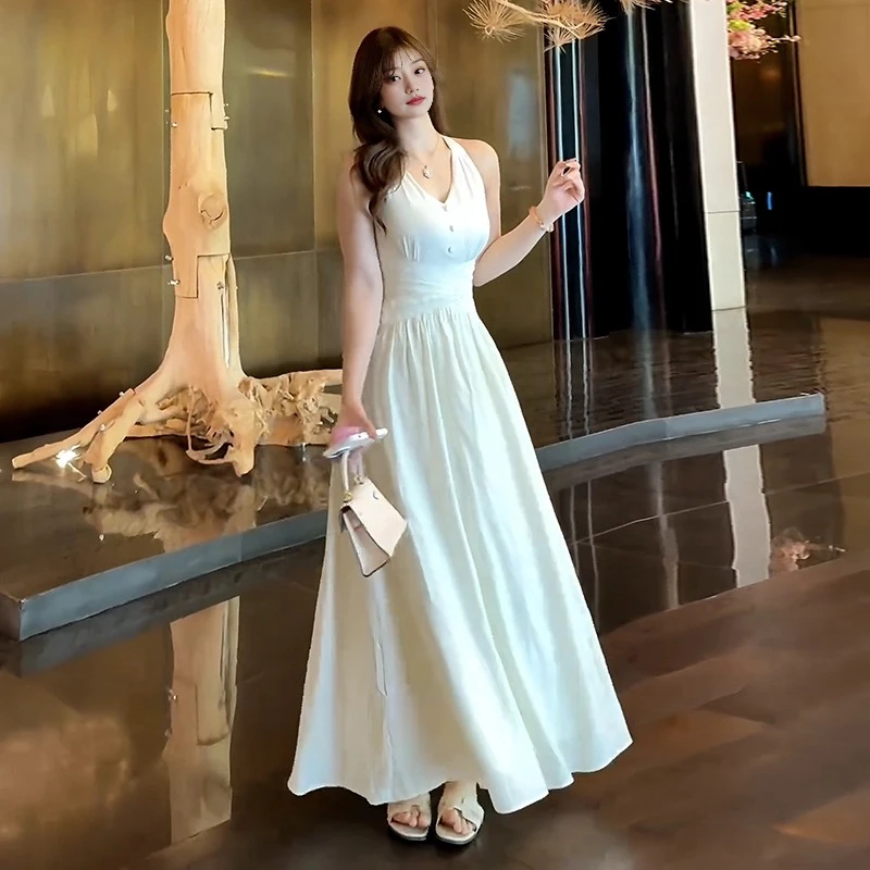 法式赫本风挂脖连衣裙开衫两件套夏季新款收腰显瘦内搭长裙子