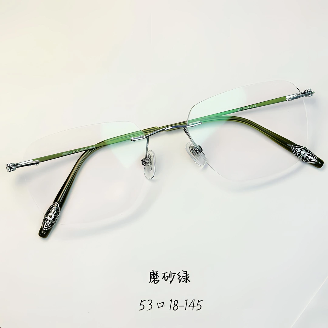 【磨砂绿】138mm镜宽 超轻纯钛设计师款眼镜架 6415镜腿雕花工艺
