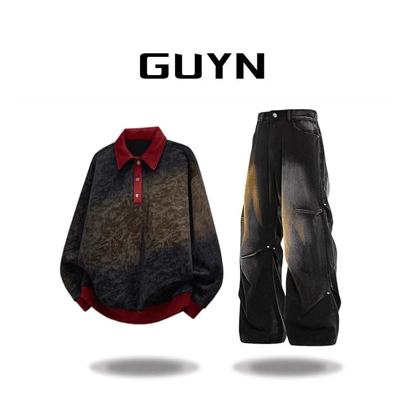 【品牌正品】GUYN美式复古撞色扎染翻领卫衣2026春秋百搭休闲上衣