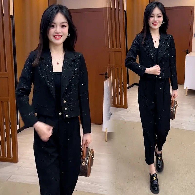 老钱风时尚西装套装女2025春季新款时髦洋气细闪短款西服哈伦裤两