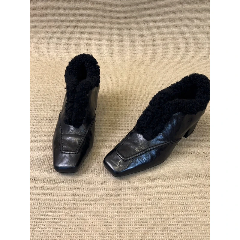 nnmiss/4.5cm法式复古方头加绒气质小皮鞋百搭通勤一脚蹬粗跟单鞋