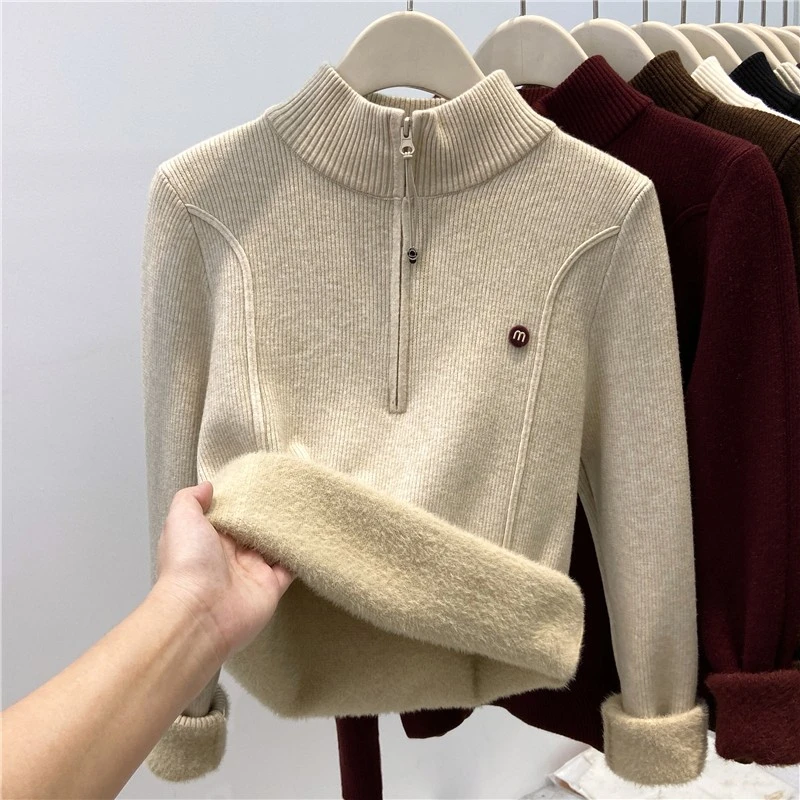 3443加绒半高领拉链毛衣针织衫女秋冬显瘦打底衫加厚一体绒内搭
