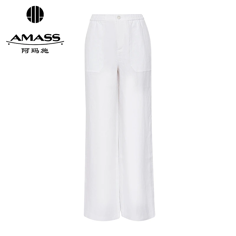 阿玛施AMASS新款休闲纯色百搭腰头两侧松紧麻料直筒长裤女510052