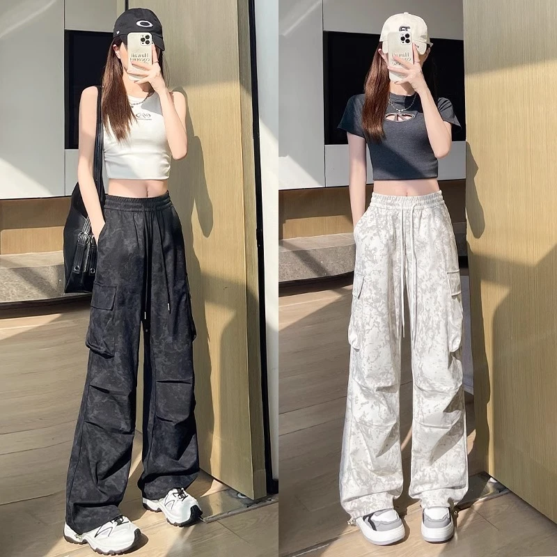 黑色扎染工装裤高腰直筒微喇阔腿裤夏季微喇工作裤女夏季薄款