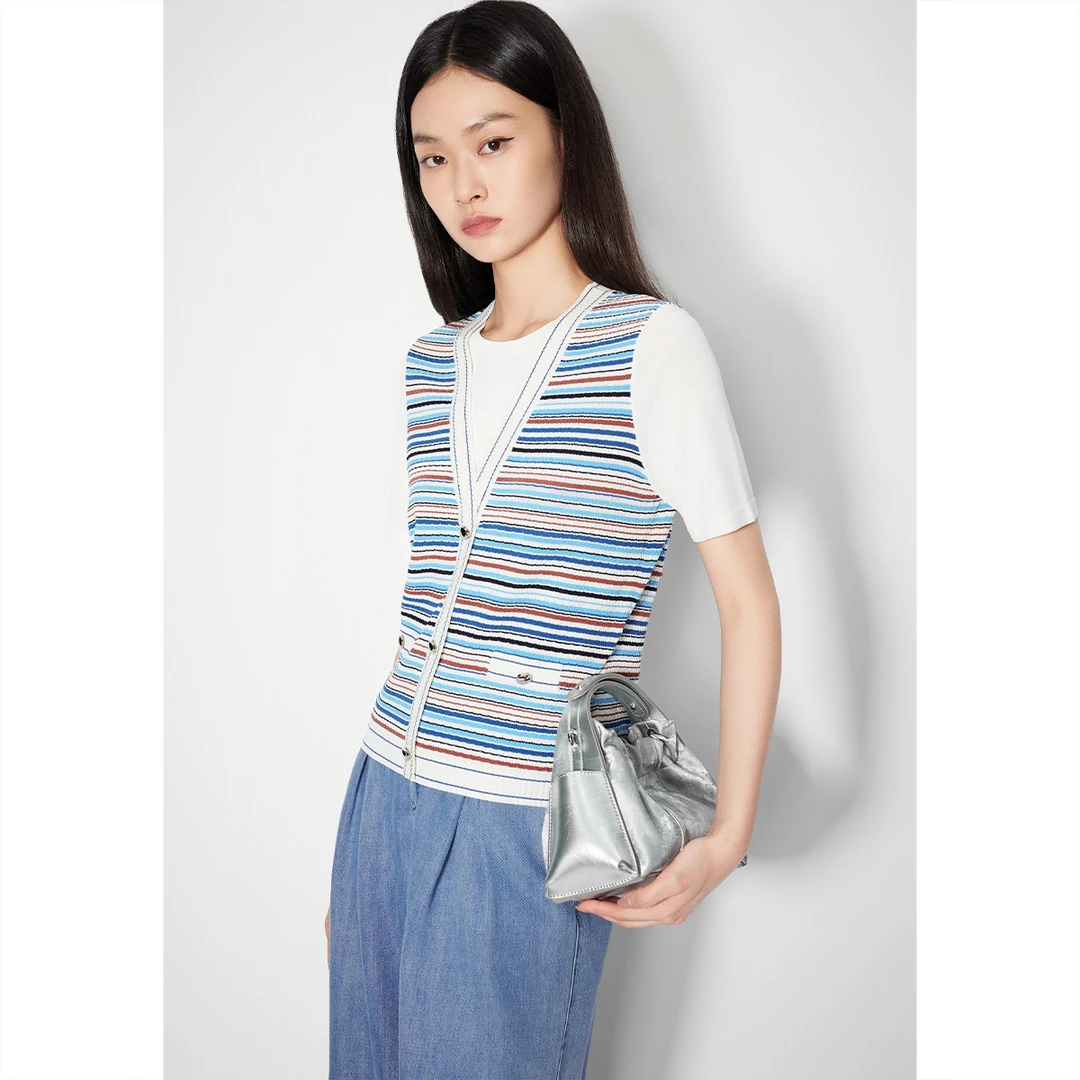 SALT.P可颜2025夏季新款假两件撞色条纹毛衫女AC35206310